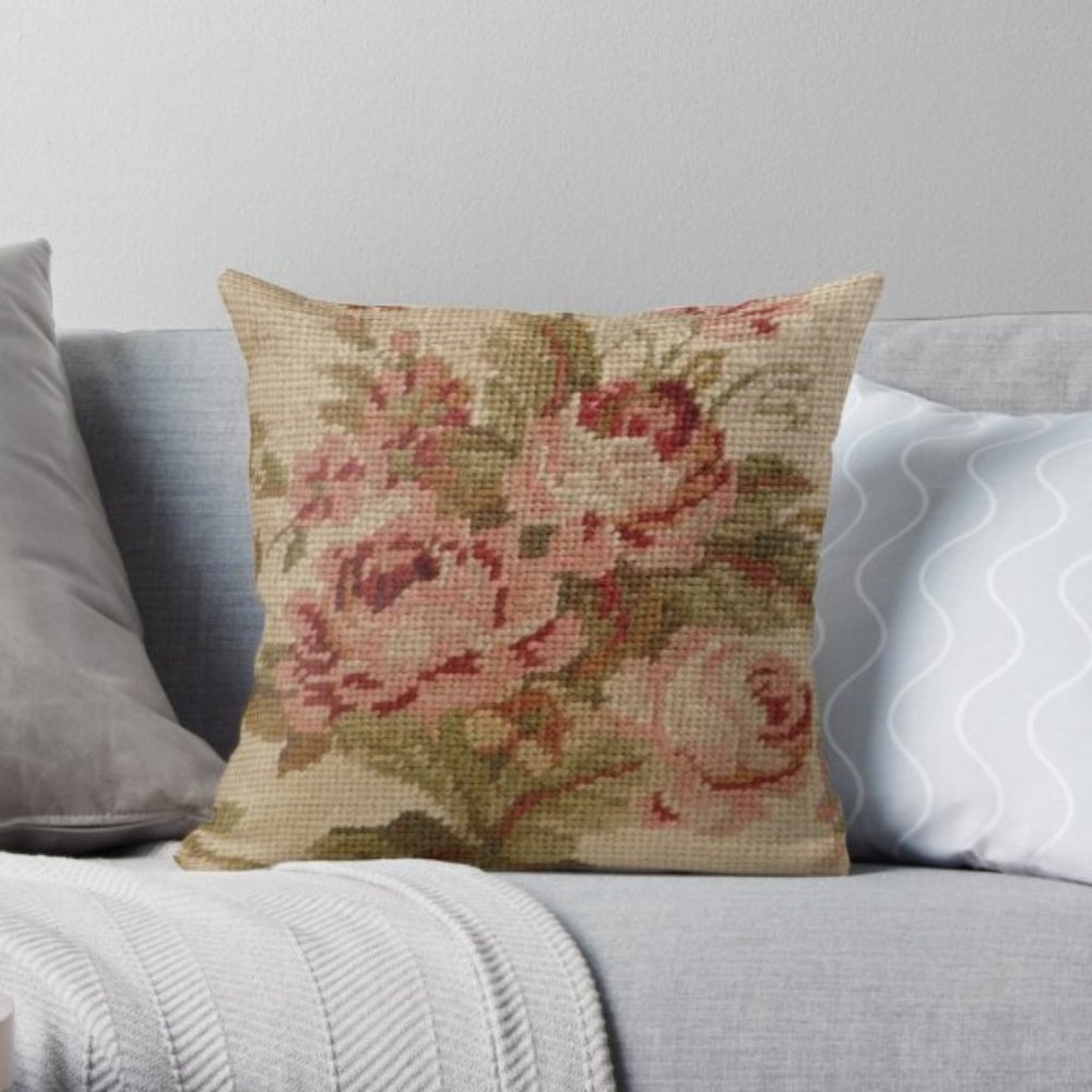 Floral Rose Needlepoint Accent Pillow in Pink and Green